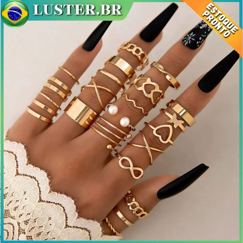 22 pçs Conjunto De Anel De Dourado Vintage Mulheres Conjunto De Anel De Dedo Joias Acessórios-Tamanh