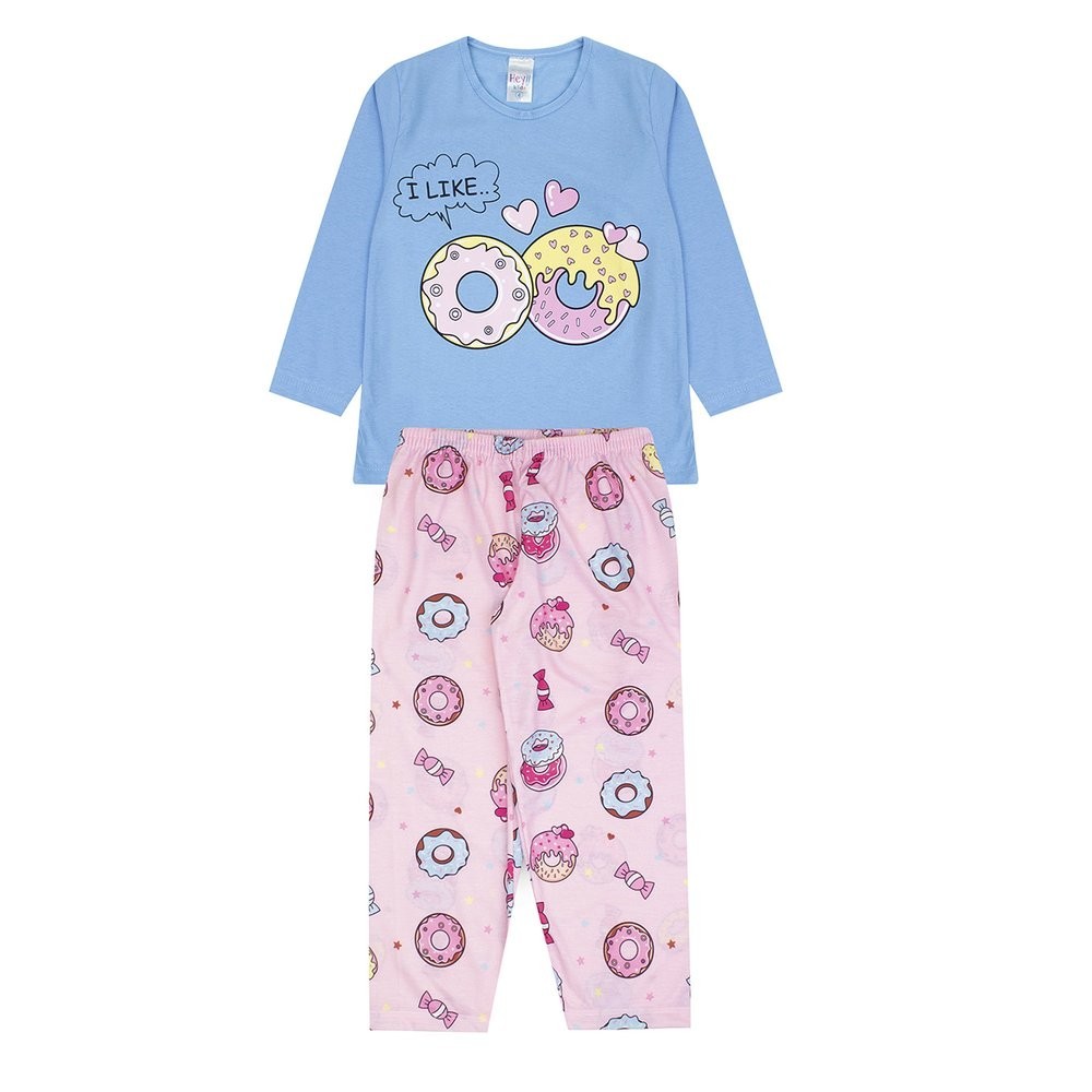 Pijama Infantil Feminino Inverno Donuts – Hey Kids Azul Claro