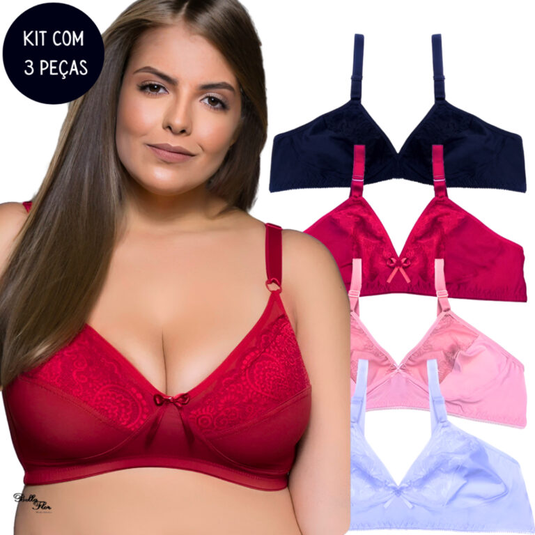 Kit 3 Sutiãs Plus Size Sem Bojo Detalhe Renda Al
