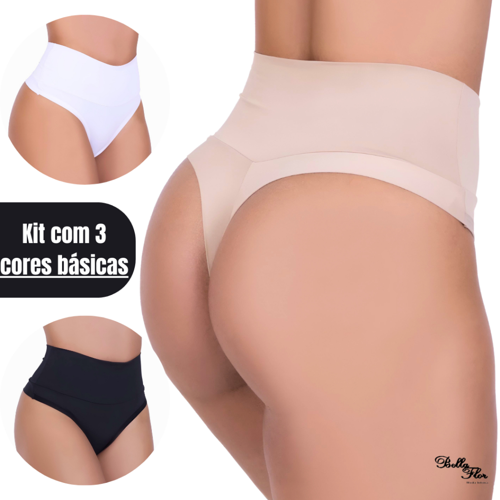 Kit 3 Calcinhas Modeladoras Cintura Alta Cós Duplo Fio Duplo Lisas Lingerie Segura Barriga Power Fit