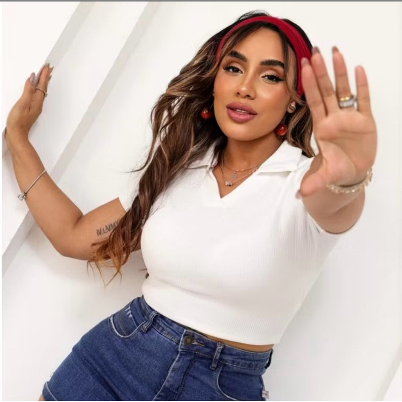 blusa gola polo curto tecido anaruga cropped blusinha