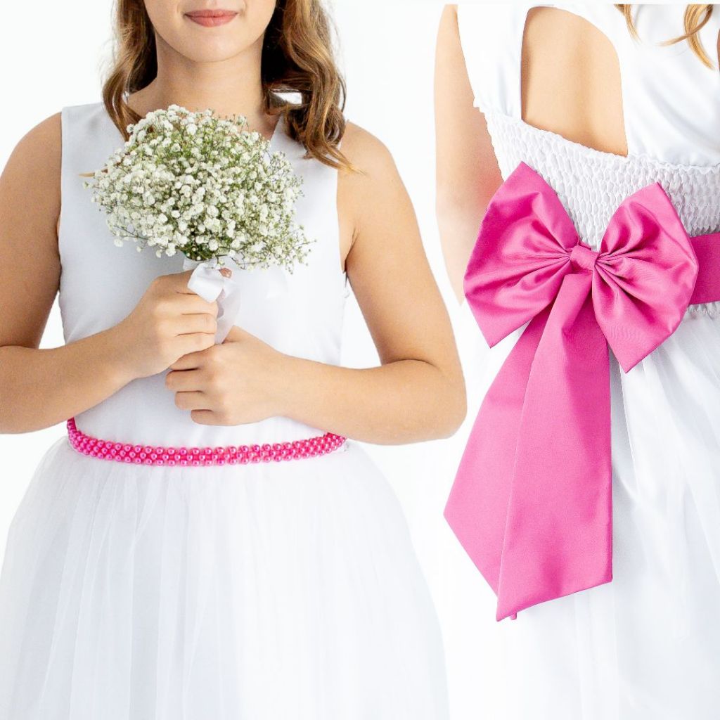 Cinto de Pérolas + Laço Rosa Pink Fucsia para Daminha | Acessório Festa Infantil REF4197