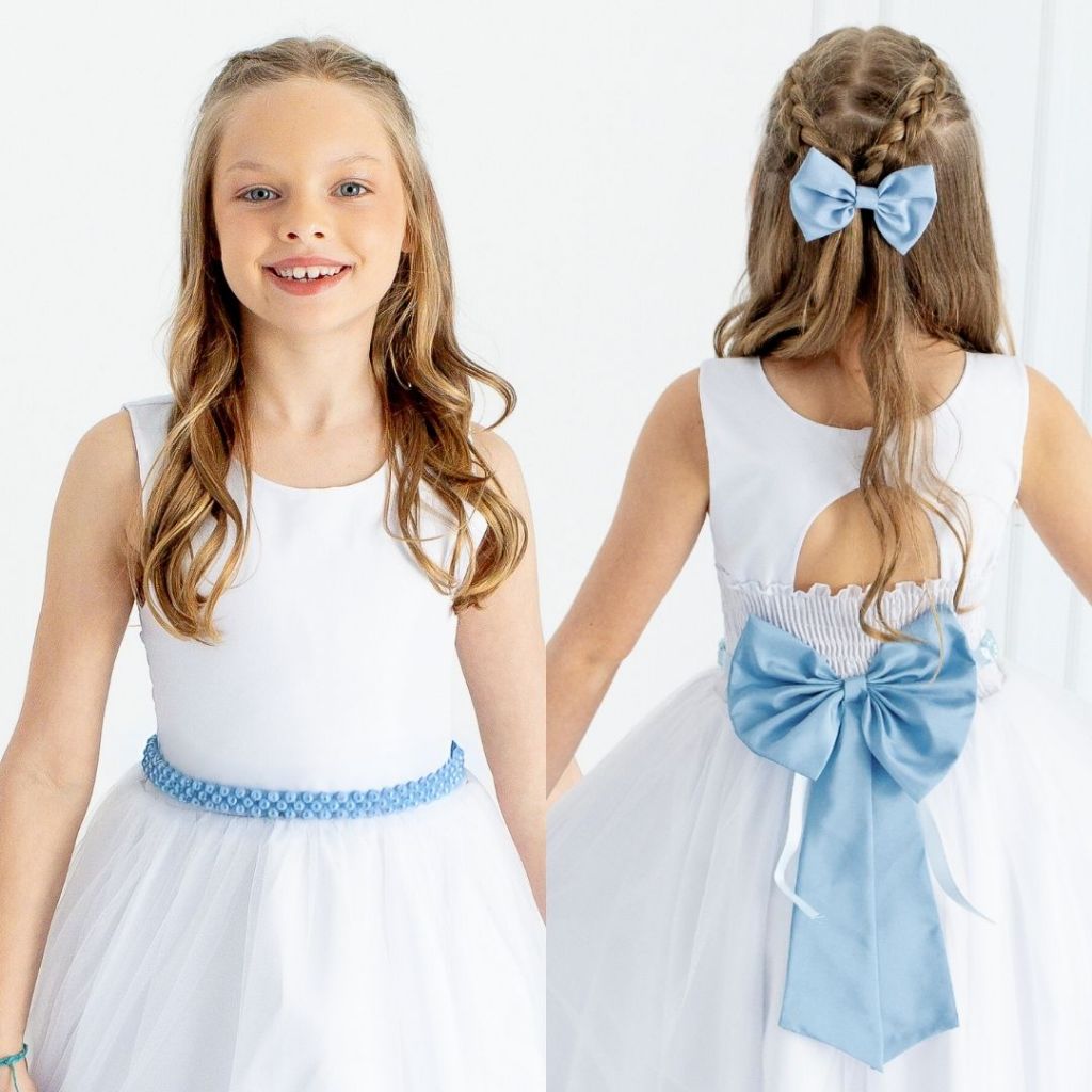 Cinto de Pérolas + Laço Azul Claro Azul Serenity para Daminha | Acessório Festa Infantil REF4197