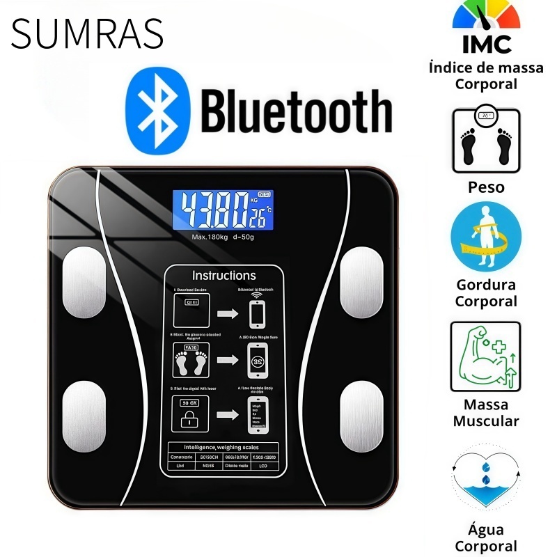 Balança Corporal Profissional Bluetooth Aplicativo LED Cobertura De Vidro Até 180kg