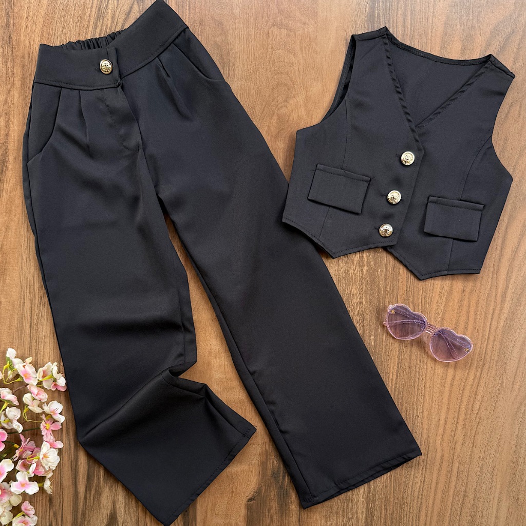 Conjunto Alfaiataria Pantalona 4 ao 16 Anos Luxo Infantil E Juvenil Menina Colete e Calça Pantalona