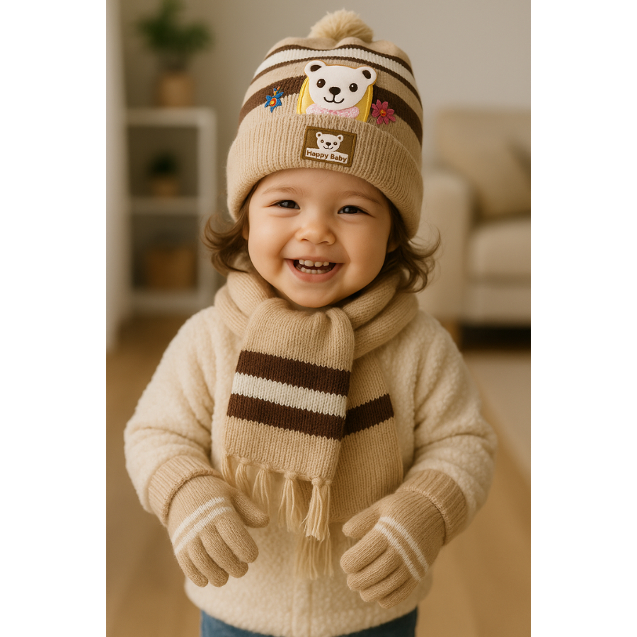 Kit Inverno Infantil Touca Luva Cachecol Quentinho Unissex Toca Com Pompons Criança 1 A 3 Anos