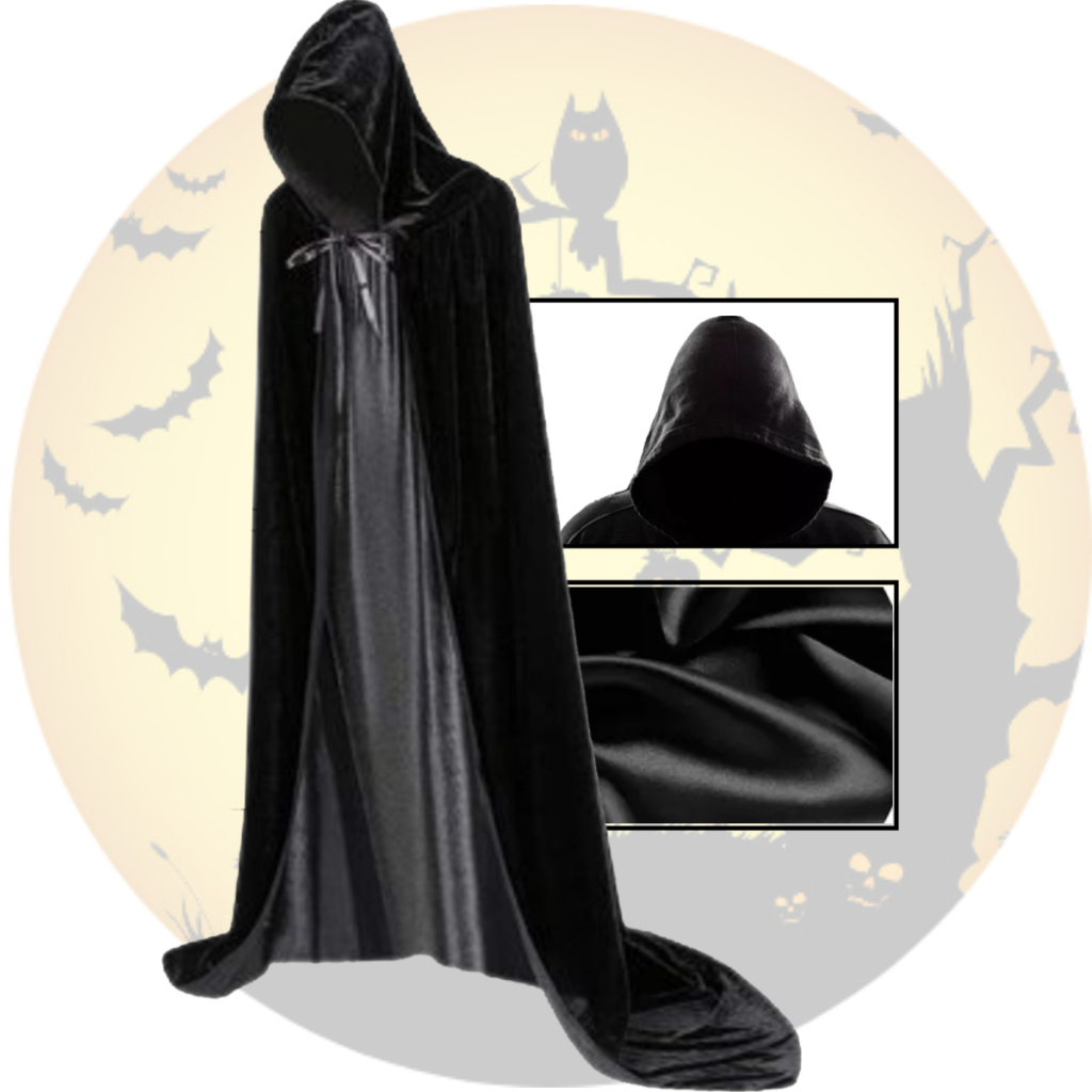 Capa De Bruxa Vampiro Drácula 180cm Com Capuz Halloween Pânico Luxo Fantasia Halloween Cetim Preto