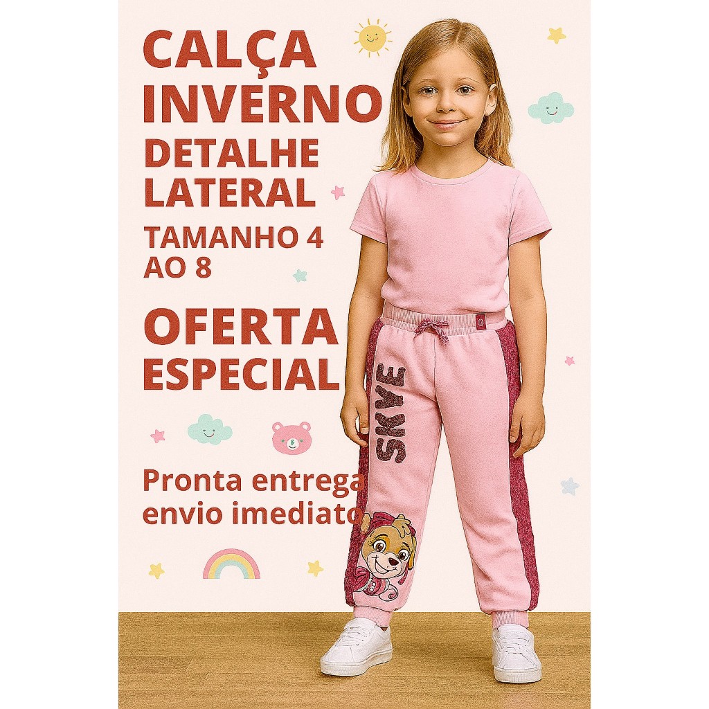 Calça Moletom PATRULHA CANINA MENINA com Felpa Infantil 4 ao 8 – Detalhe lateral de Pelinho