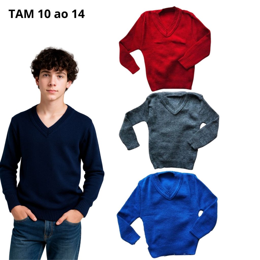Blusa de lã gola V lisa trico infantil menino suéter frio inverno lançamento novidade do tamanho 10