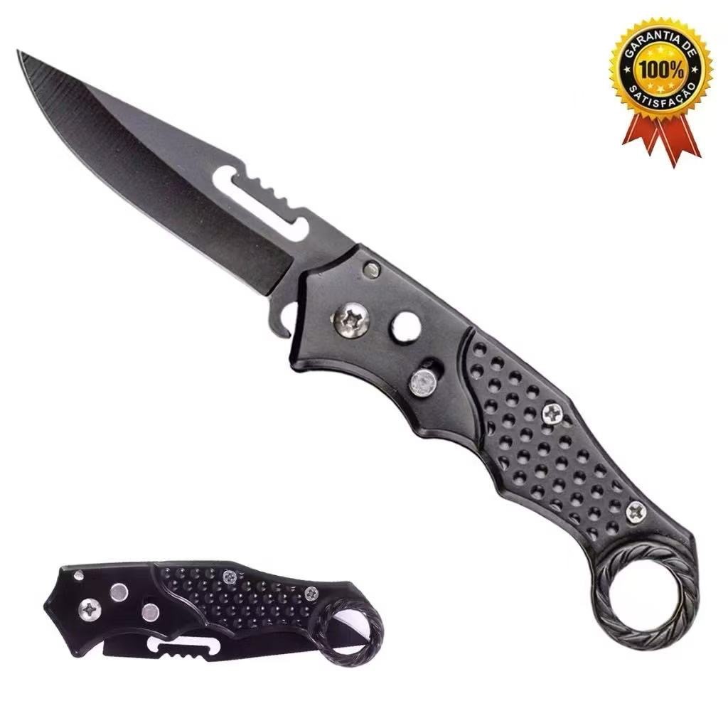Canivete Automatico Saque Rapido Com Travar Clipe Aço Inox Preto Pesca Camping Trilha