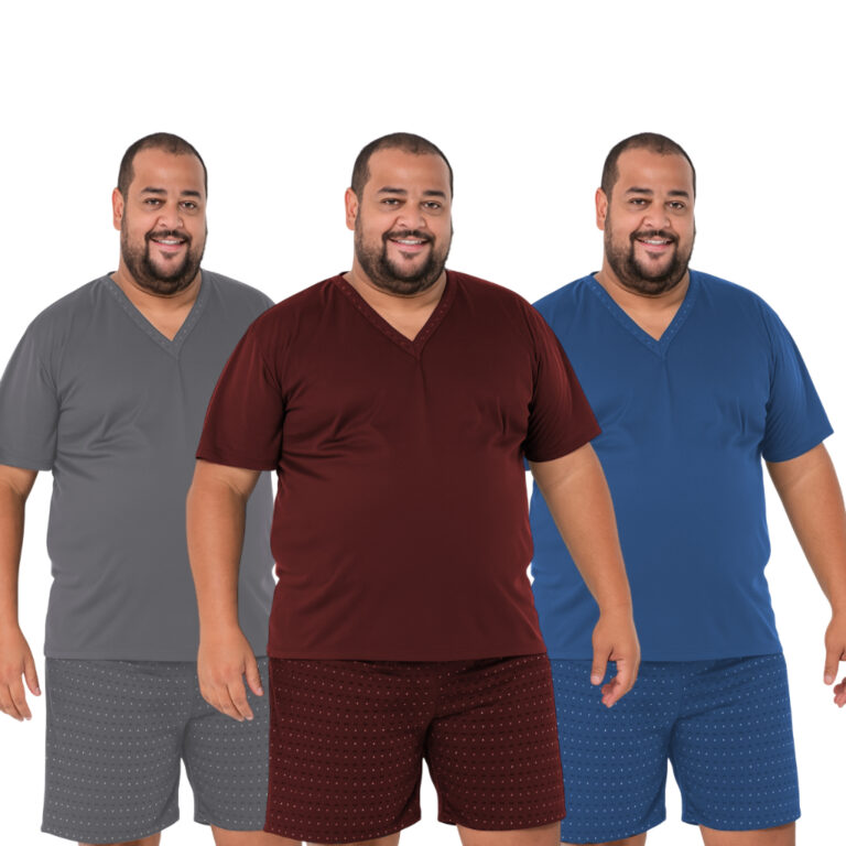 Pijama Plus Size Masculino Adulto Manga Curta Gola