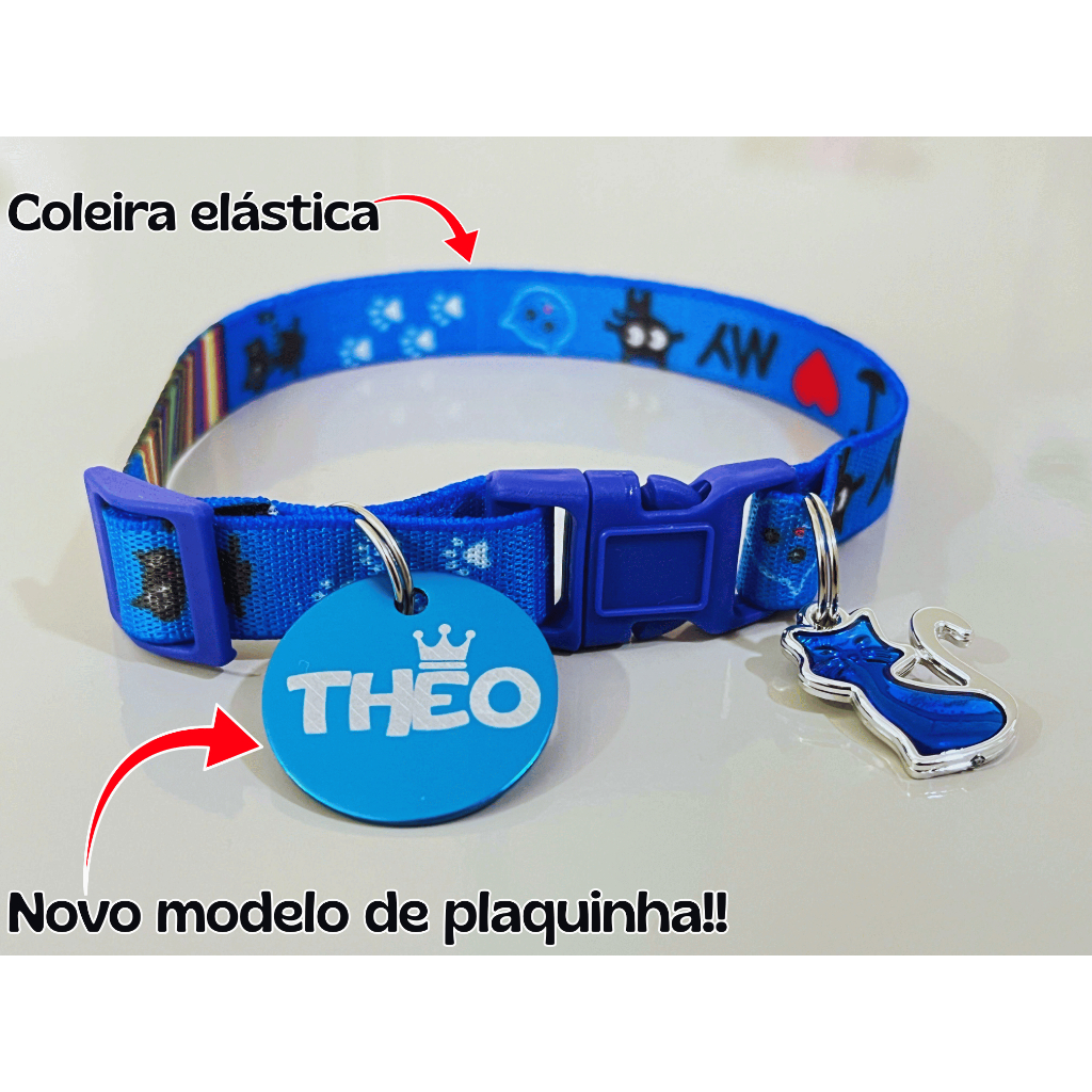 Coleira para gato elástica anti enforcamento e placa de identificação