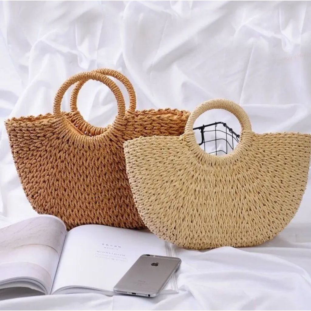 Bolsa Palha Artesanal Meia Lua Grande – Moda Casual Praia De Mão Verão