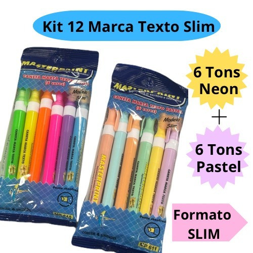 Kit 12 Caneta Marca Texto Slim (6 Neon + 6 pastel)