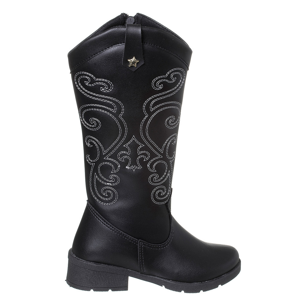 Bota Infantil Texana Boiadeira Menina Bordada Preto Cano Médio Country