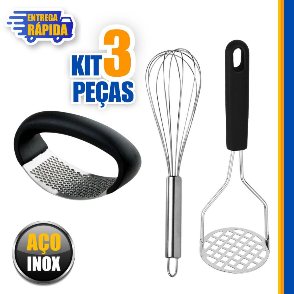 KIT Utensílios de cozinha 1 Amassador de Batatas e 1 de Alhos e 1 Batedor de Ovo Fouet Fue 30cm