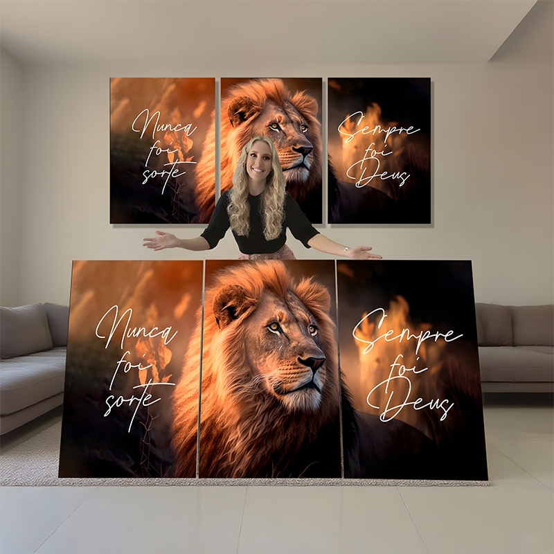 Quadro Decorativo Leão com Frase Nunca Foi Sorte Tamanho Grande 122x60cm Impressão HD para Sala Quar