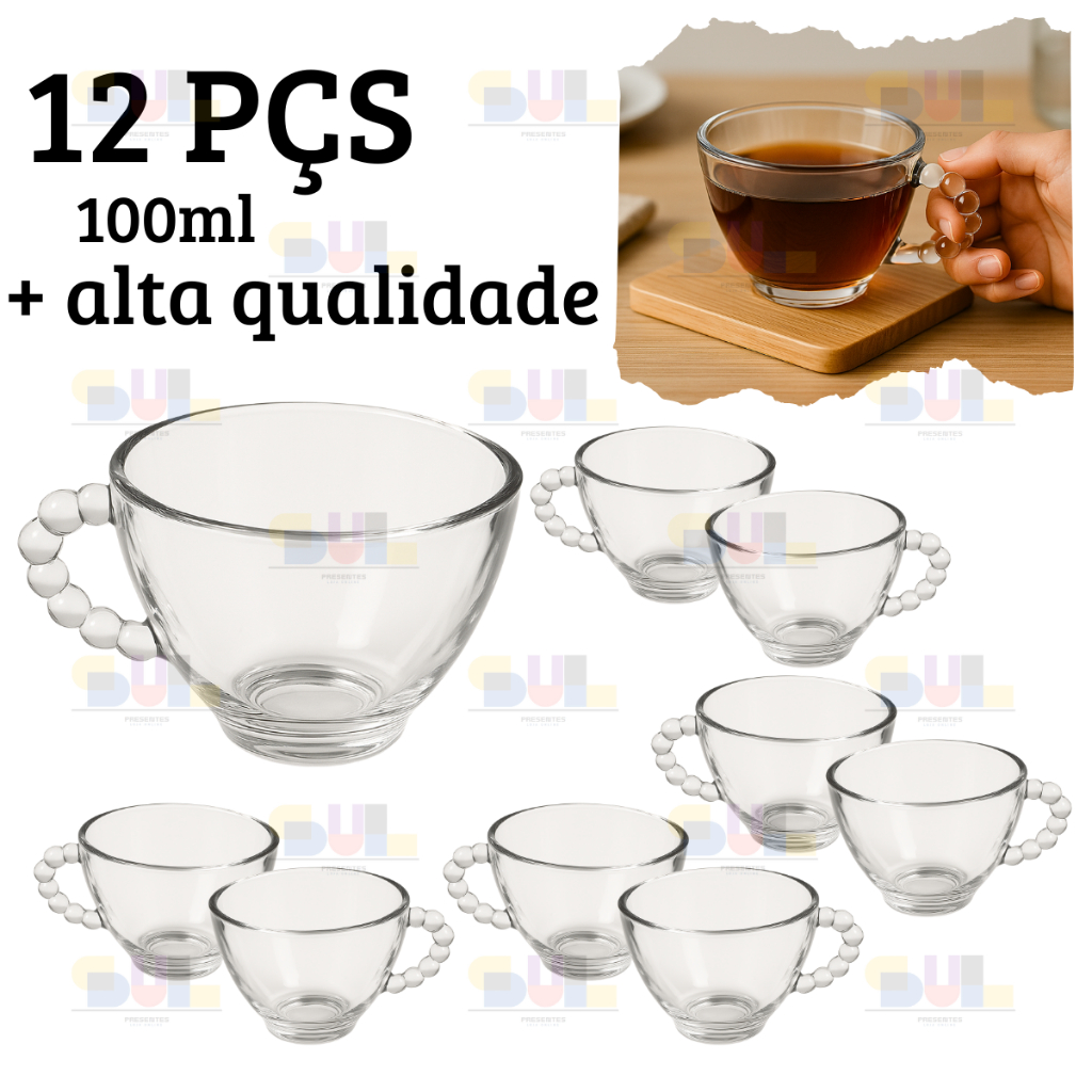 Kit 12 Xícaras 100ml PEROLA Bubly Collection Xicara Louça Chá Café Vidro