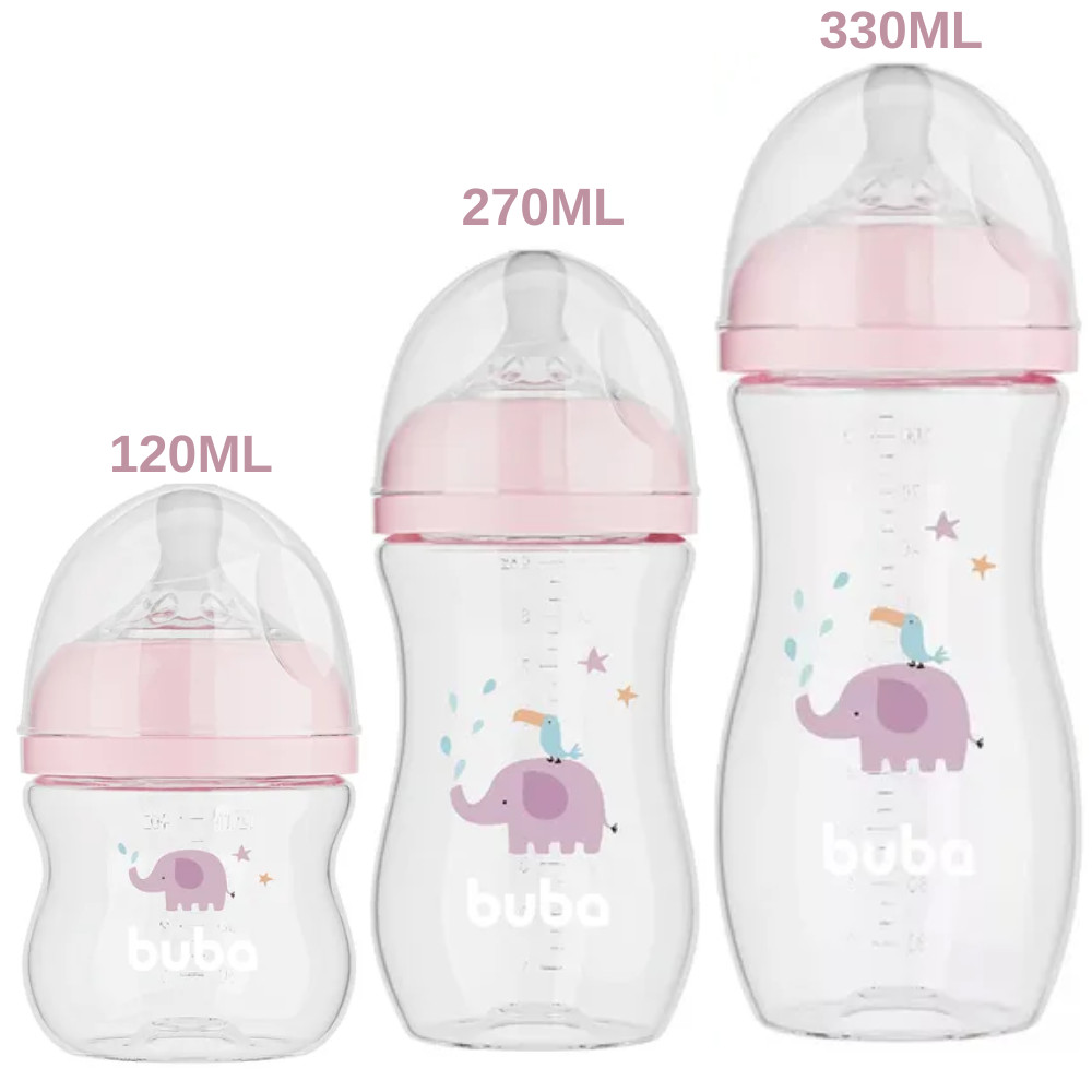 KIT C/ 3 MAMADEIRAS EASY FLOW ELEFANTE ROSA 120ML/270ML/330ML – BUBA