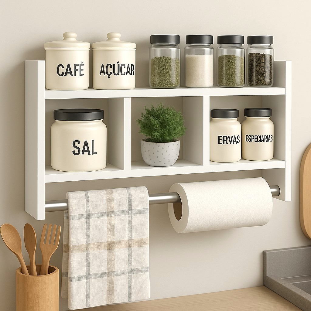 Nicho Porta Papel Toalha e Condimentos Potes Cozinha Banheiro 100% MDF BRANCO TX 15mm Tubo Metal Mon