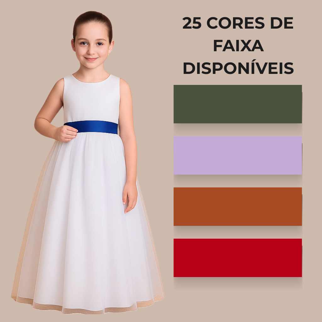 Vestido Branco Longo Infantil Dama de Honra Luxo Noivinha Faixa Colorida com Saia Tule REF4072
