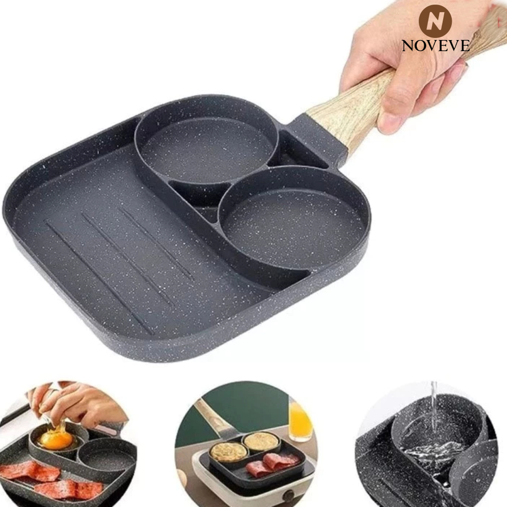 Frigideira Antiaderente 3 Furos Divisórias Fritar Ovo Lanche Hambúrguer Panelas Multiuso NOVEVE