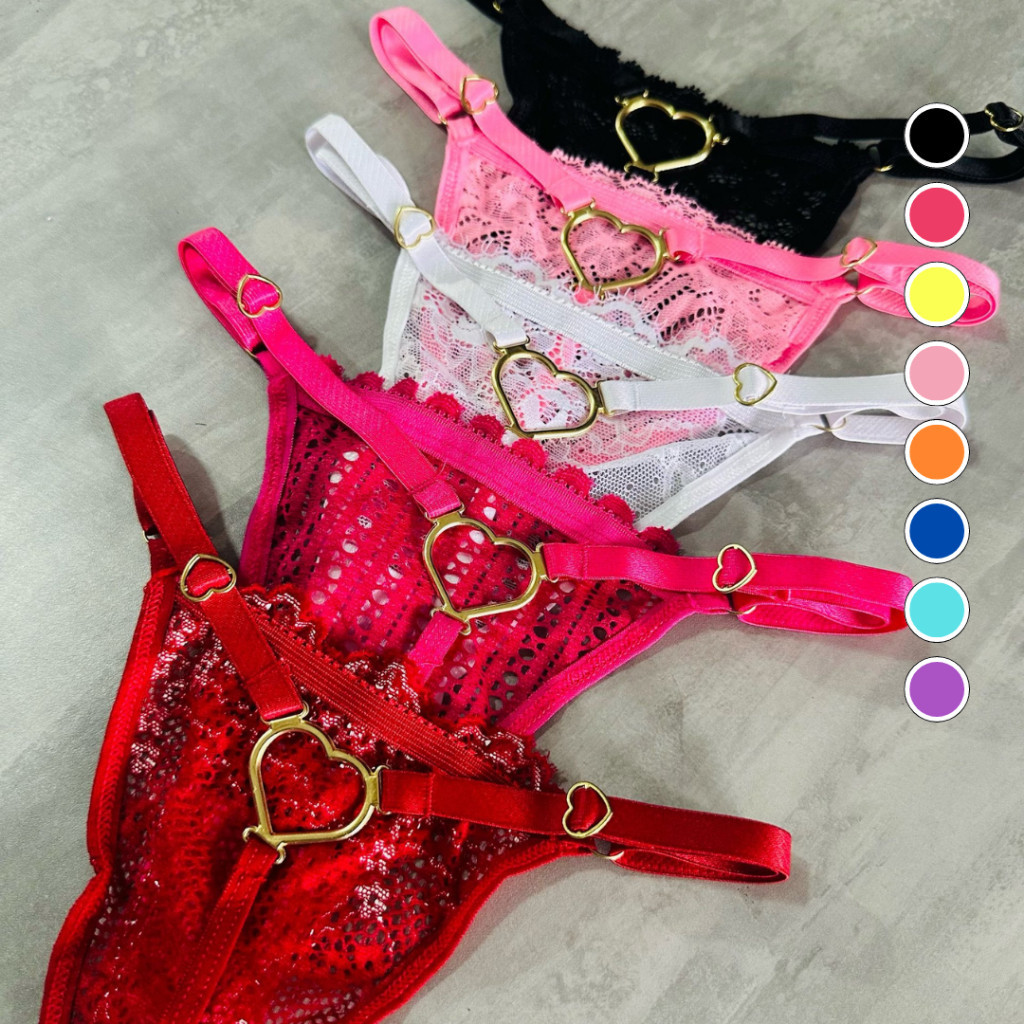 Kit 2,5 ou 10 Calcinhas Tanga Fio Dental Sexy Lingerie com Coração Regulagem Feminino