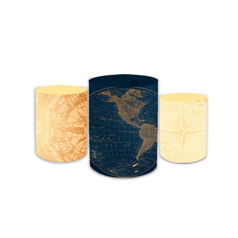 Trio Capas de Cilindro de Festa Sublimado Tema Mapa Mundi Viagens Decorativo