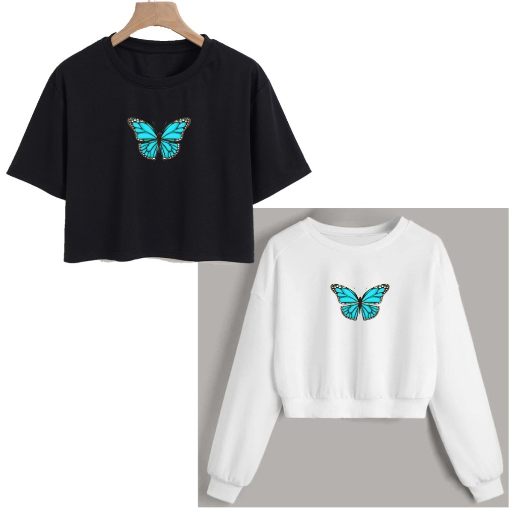 Cropped Moletom +Tshirt Algodão Cropped Kit 2 Peças Borboleta Azul