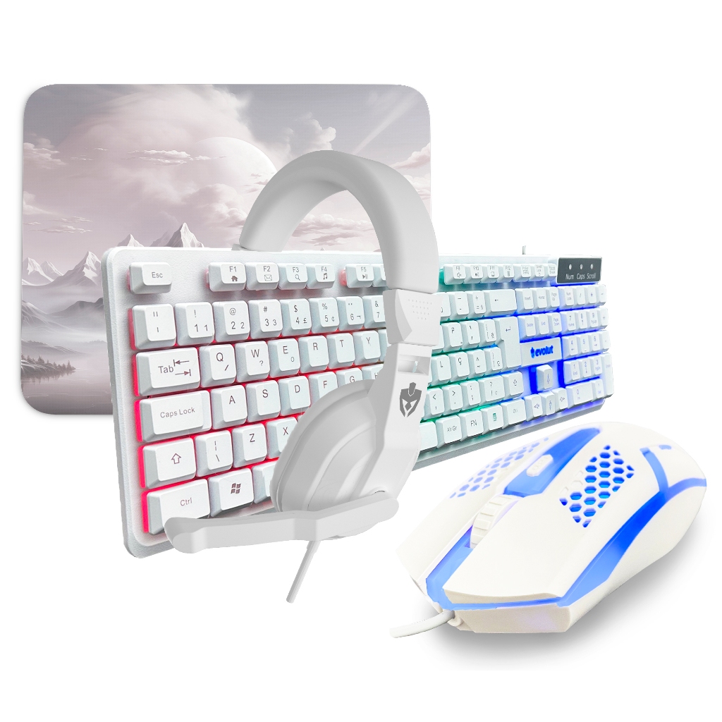 Kit Gamer Branco Teclado Mouse Pad Headset Gamer com Fio Led Rgb Usb Periférico Computador PC