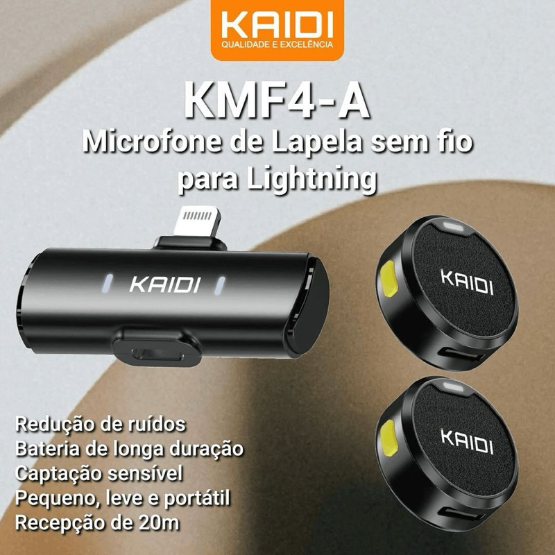 Sistema Microfone Duplo Kaidi KMF4-A Wireless Lightning para Smartphones