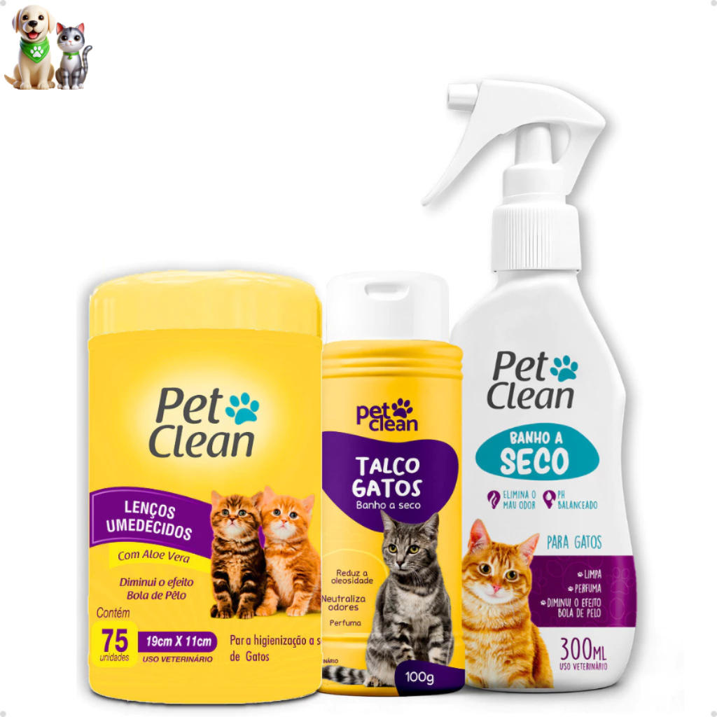 Kit Banho a Seco para Gatos 300ml + Lenço Umedecido Gatos 75 unidades + Talco Pet Clean 100g Gatos
