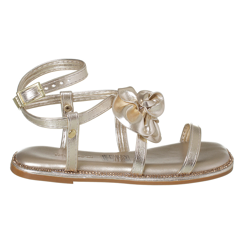 Sandália Infantil Menina Dourada Flor Com Detalhes Strass Rasteira Original Metalizado