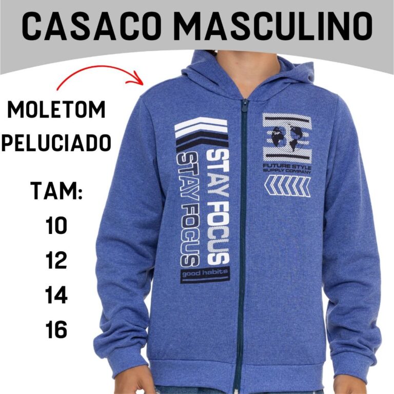 Jaqueta Juvenil Moletom Peluciado com Capuz e Zipe