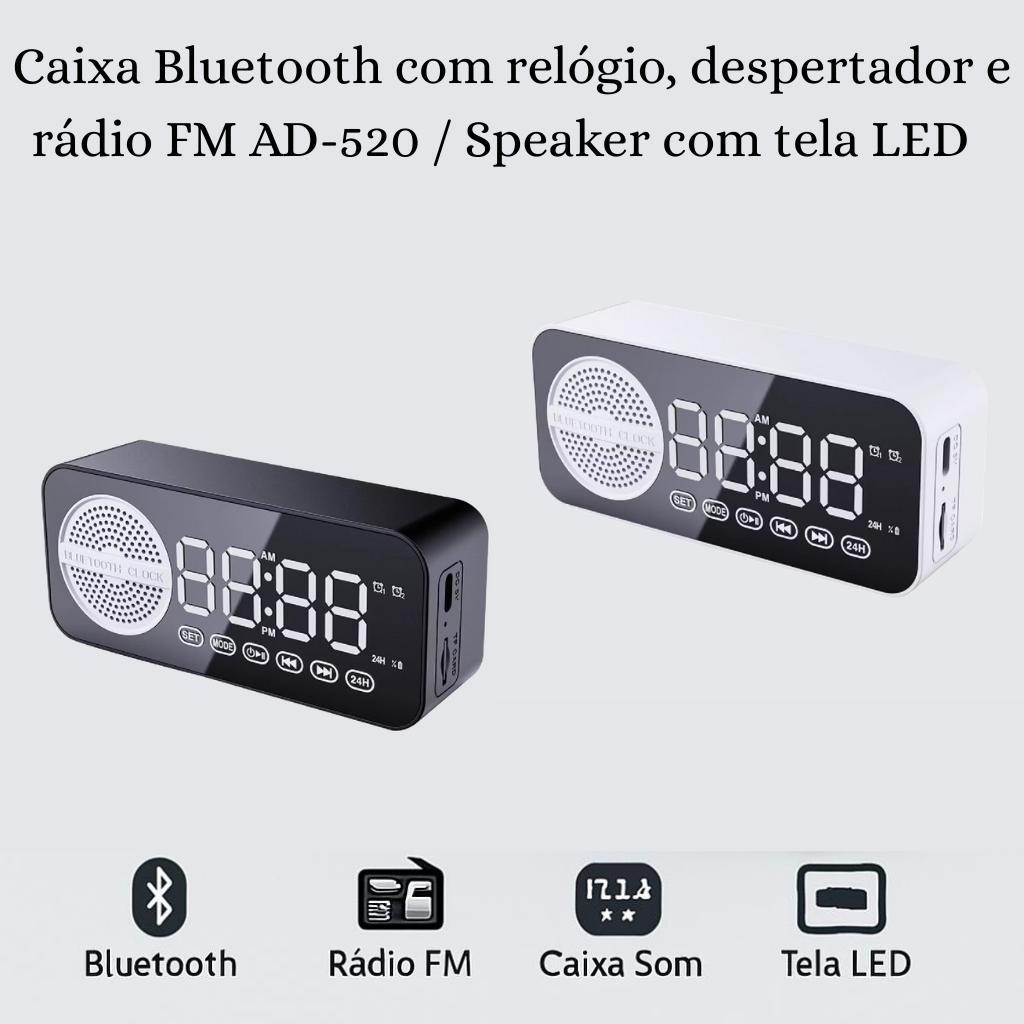 Caixa de Som Bluetooth com Relógio Despertador e Rádio FM AD-520 | Speaker com Tela LED