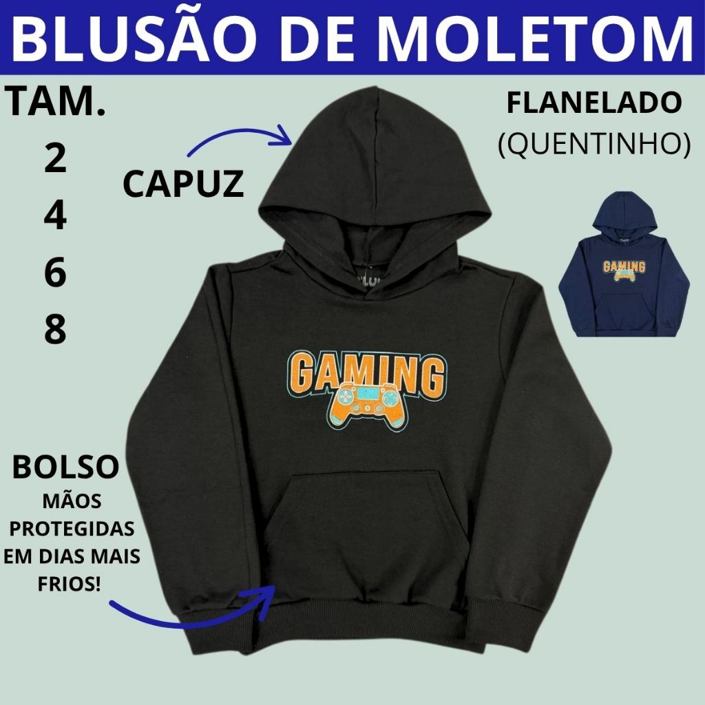 Casaco Moletom Infantil Com Capuz  Bolso e Estampa 3027-A