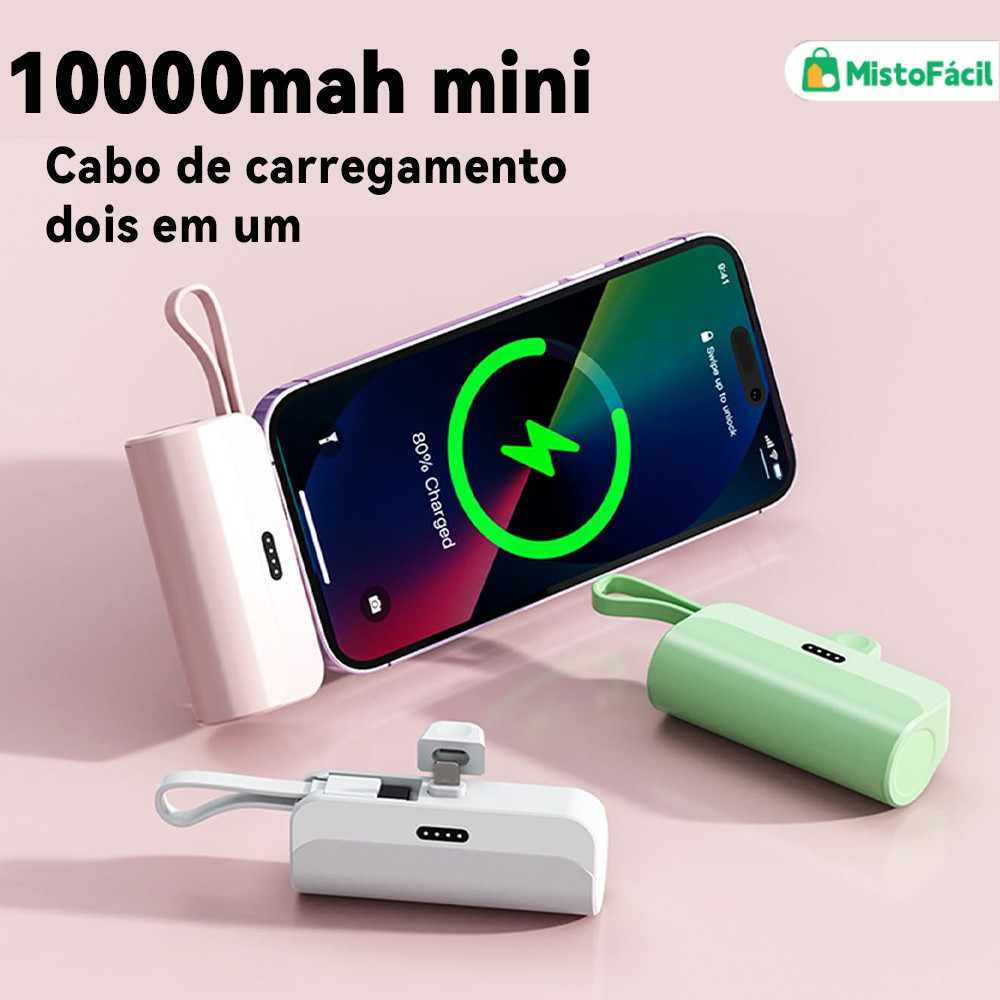 Carregador 2em1 Portátil: Bateria 10000mAh + Base Sem Fio para iPhone e Android Tipo-C