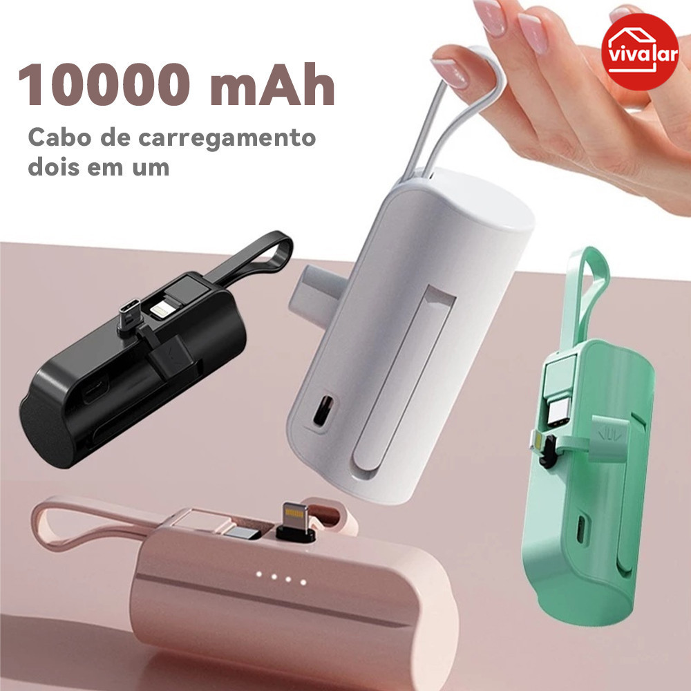 Bateria Externa 10000mAh Compacta com Carregador Sem Fio | Dupla Entrada (iPhone/Tipo-C)