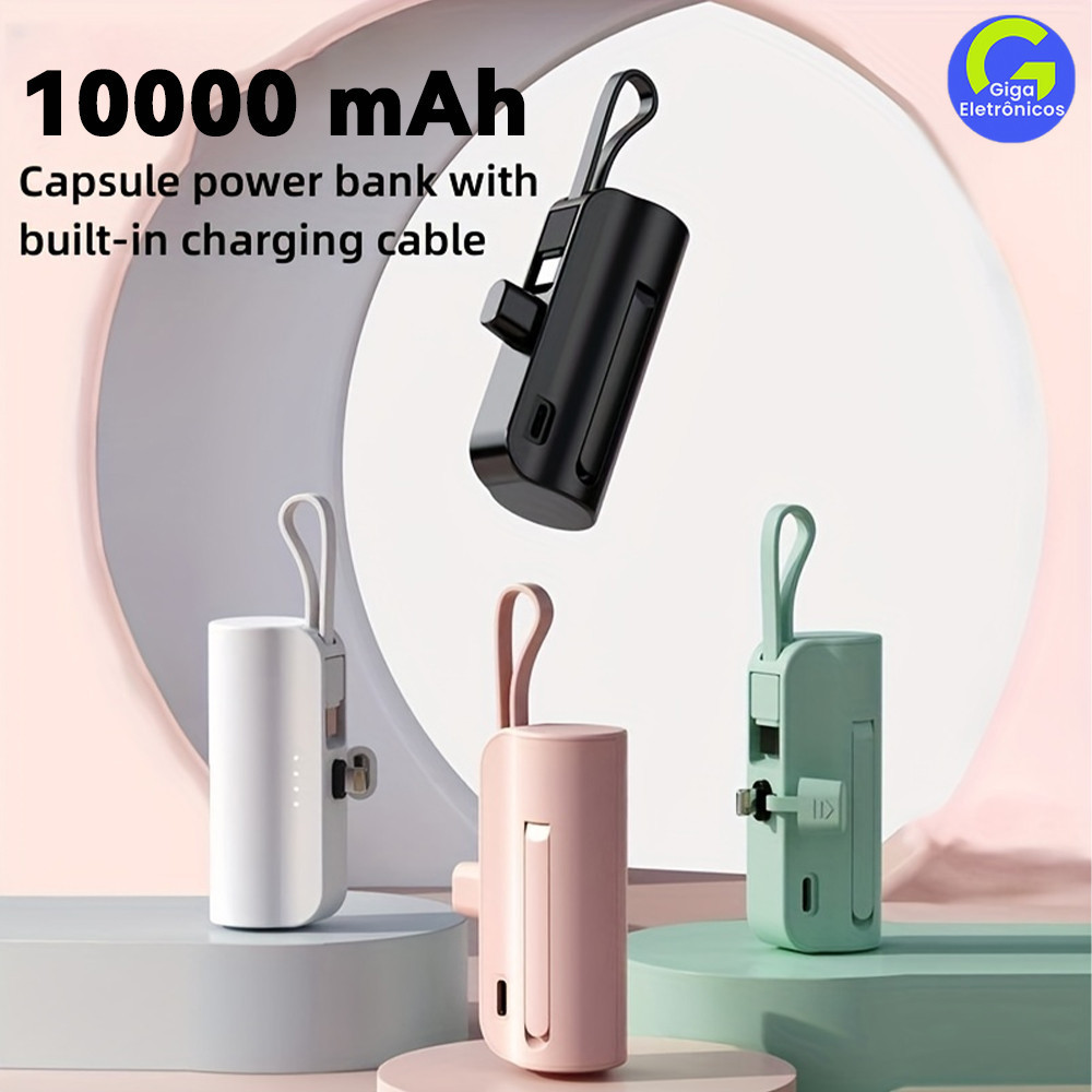 Power Bank Mini 10000mAh para Viagens: Recarga Sem Fio e Cabo (iPhone e Tipo-C) 2em1