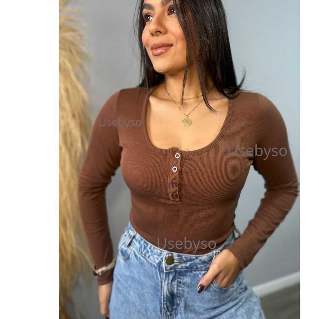 Blusa Básica Feminina Frio Canelada Toque Macio Suéter Feminino Manga Comprida  Com Botões
