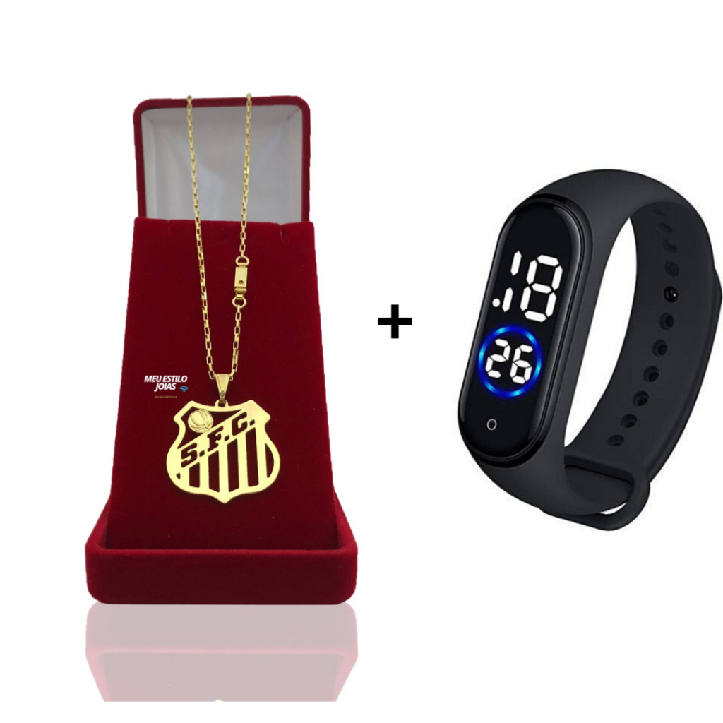 Corrente Infantil Menino Cordão Tijolinho – 1.5mm banhado Ouro 18 k com Pingente  Time +  Relógio De