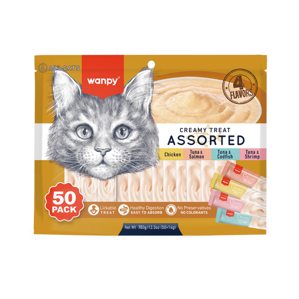 Pacote / Pote Petisco Cremoso Creamy Trully/Wanpy Para Gatos Tipo Churu – Sabores Sortidos 50 e 25