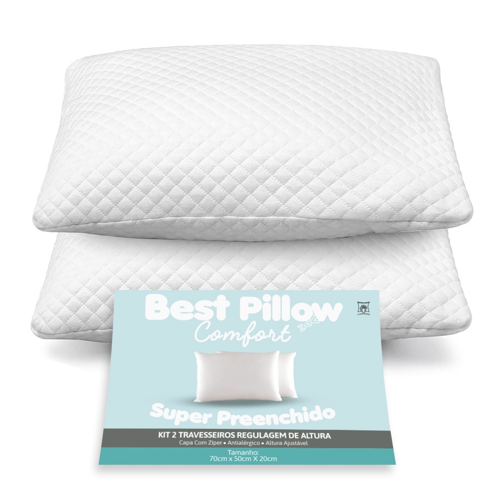 Kit com 02 Travesseiros Regulagem de Altura 70cm x 50cm hotel cama casal com ziper em fibra silicone