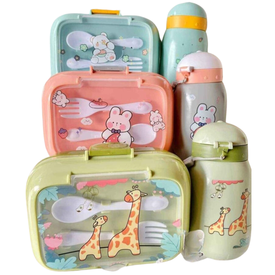 Kit Marmita Infantil Com divisória e Garrafinha Para Lanche Com Talheres Escolar Creche