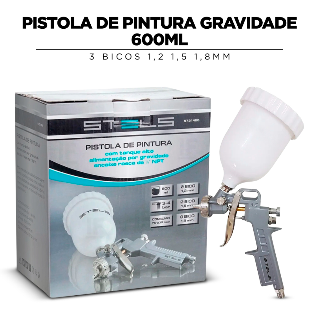 Pistola de Pintura Gravidade 600ml 3 Bicos 1,2 1,5 1,8mm