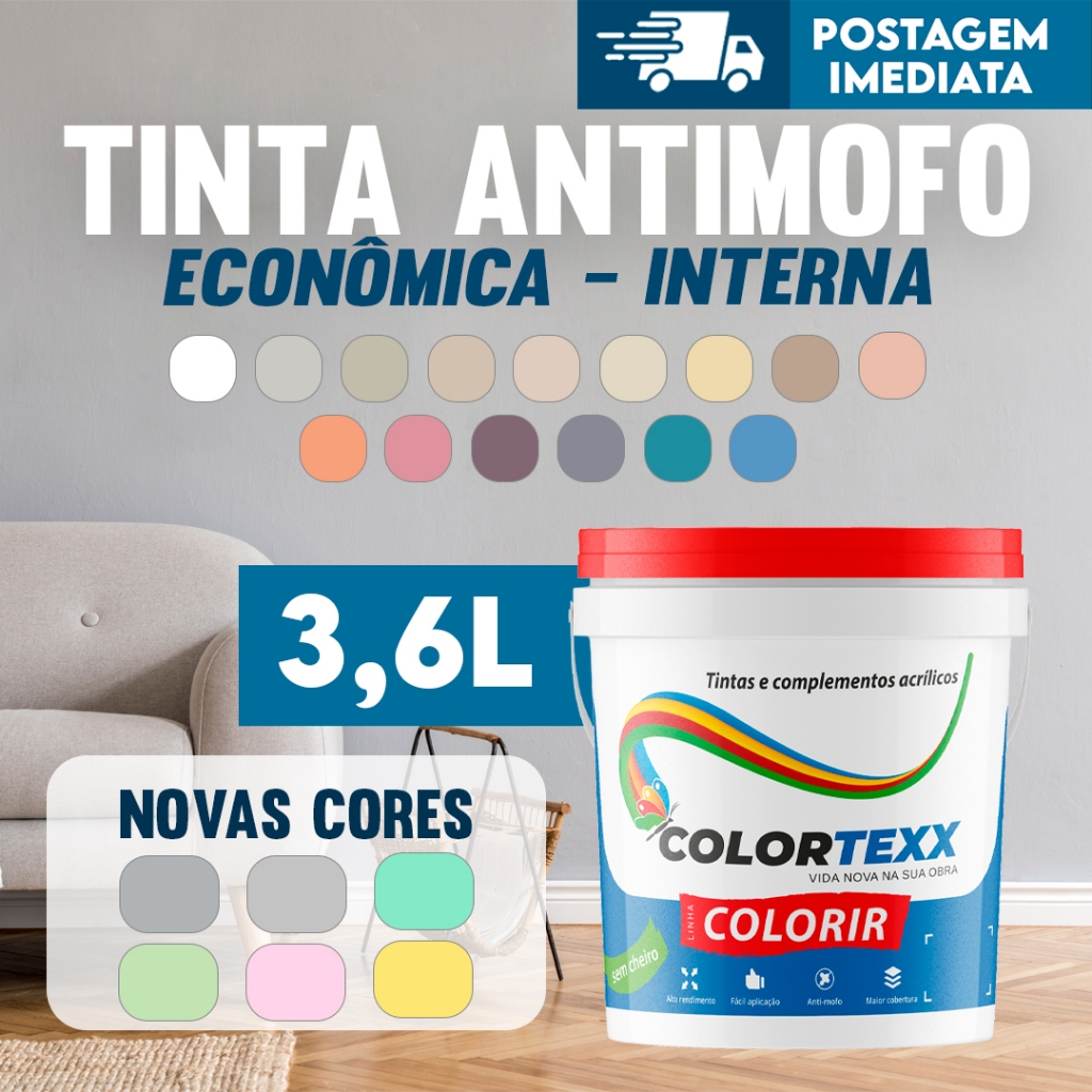 Tinta acrílica 3,6 Litros internas Economica Colortexx Paredes Secagem Rapida 3,6 Litros Cores áreas