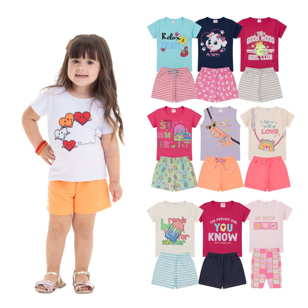 Kit 10 Peças Roupas Bebê Menina 5 Camisetas + 5 Bermudas – Kit 5 Conjuntos Sortidos Moda Infantil Ve