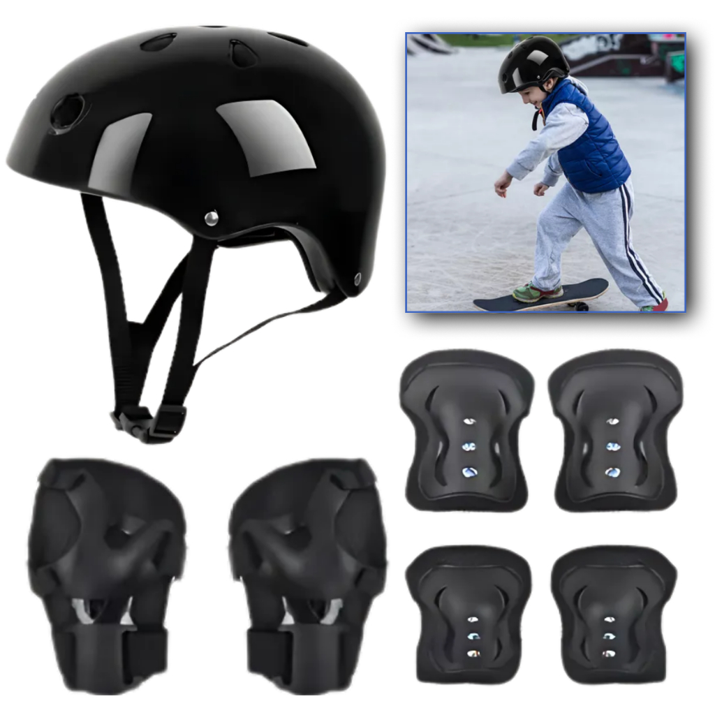 Kit Proteção Capacete Ajustável Infantil Protetor Bicicleta Patins Skate Segurança 7 pçs Diversão