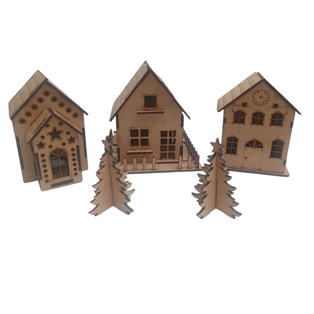 kit 3 casinha mais 01 pinheirinho em mdf, maquete, pequeno diorama