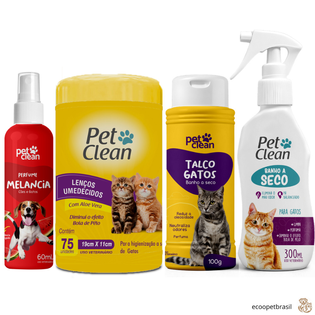 Kit Banho a Seco para Gatos 300ml + Lenço Umedecido 75 unidades + Talco 100g Gatos + Perfume 60ml